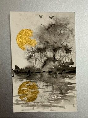 Original sunset landscape miniature realism painting sumi-e style art USA